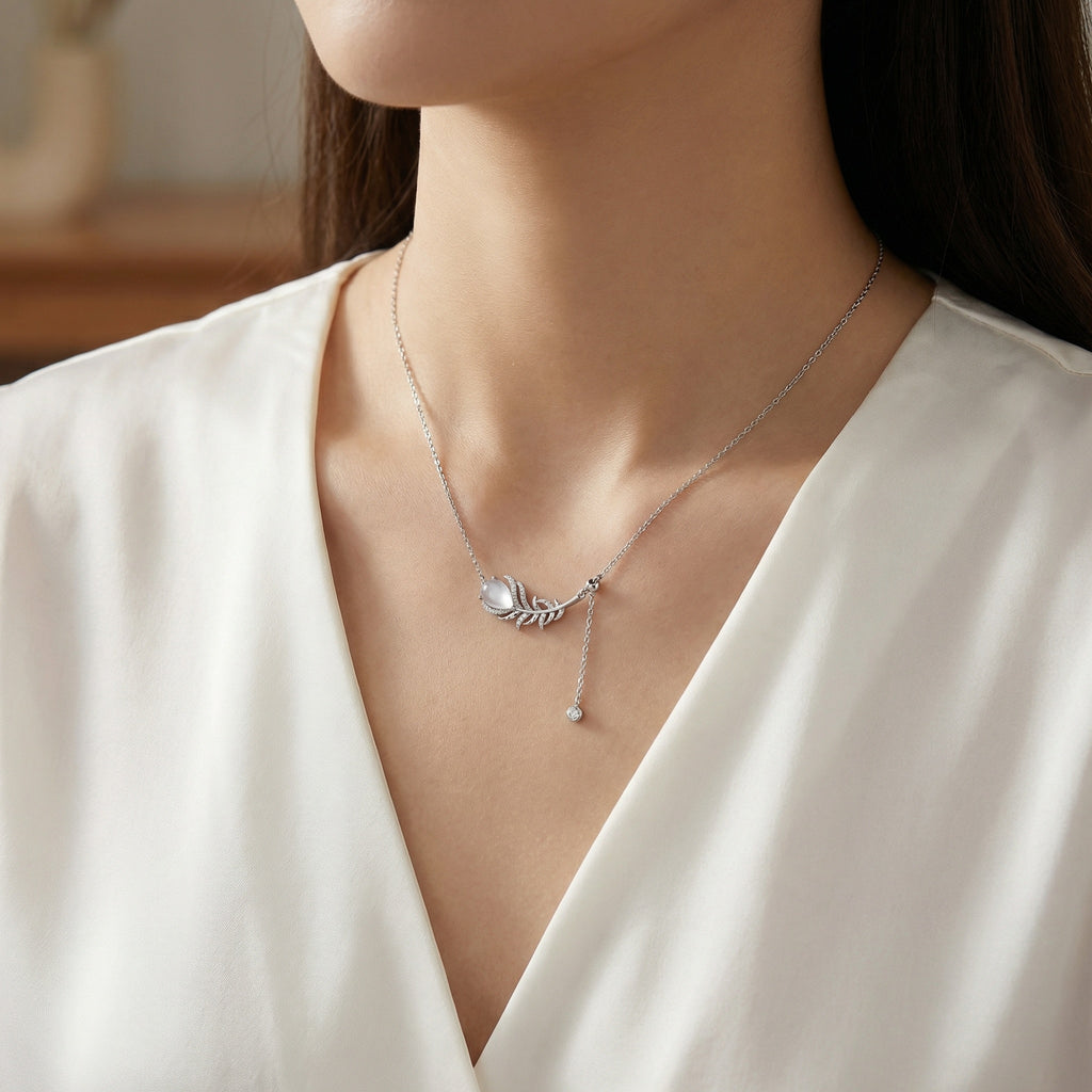 Silver Feather Necklace with Moonstone