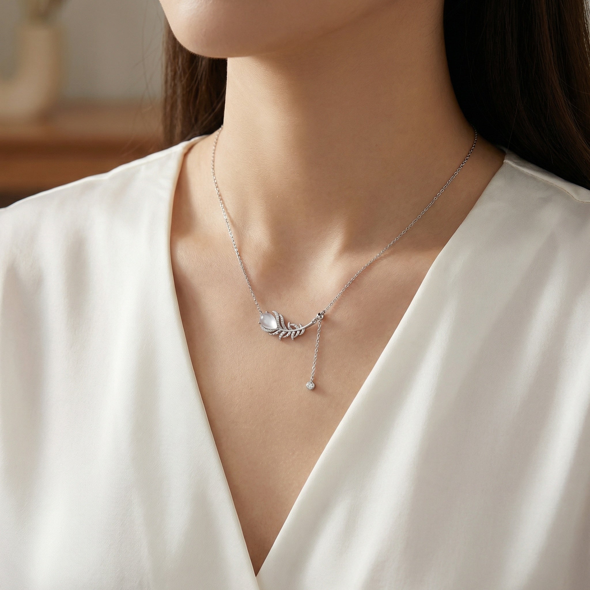 Silver Feather Necklace with Moonstone