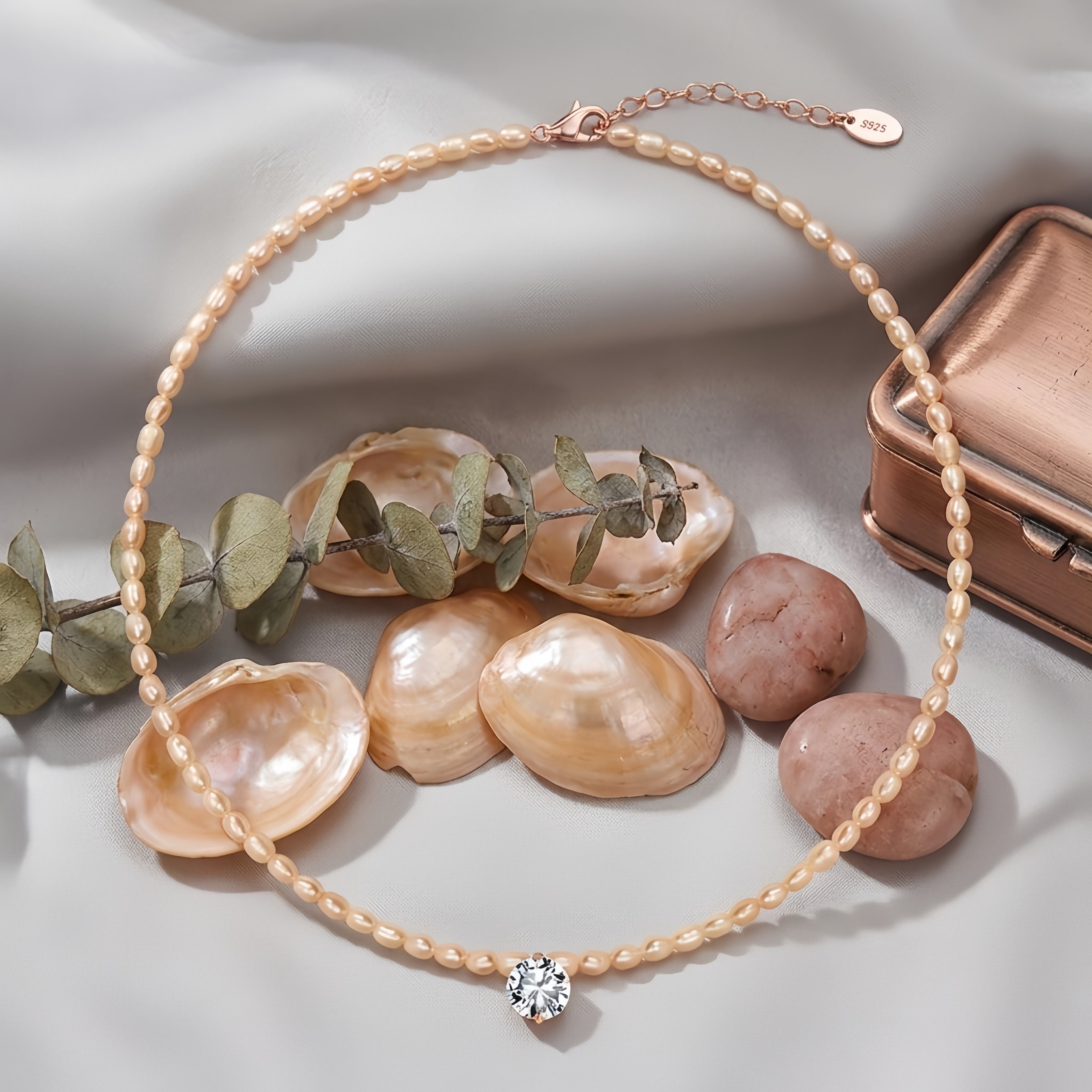 Rose-Tone Pearl Choker with Solitaire Pendant