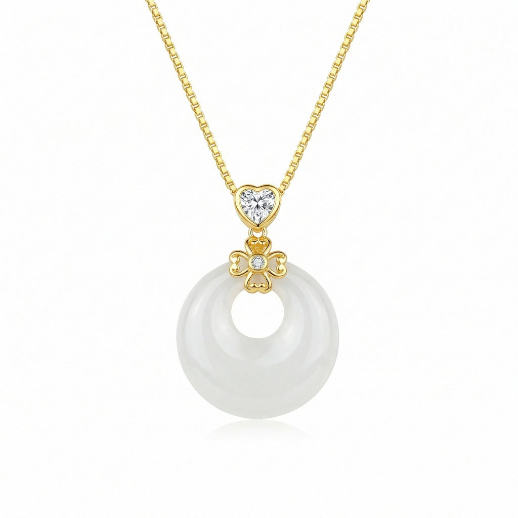 Elegant Heart & Flower Jade Donut Necklace