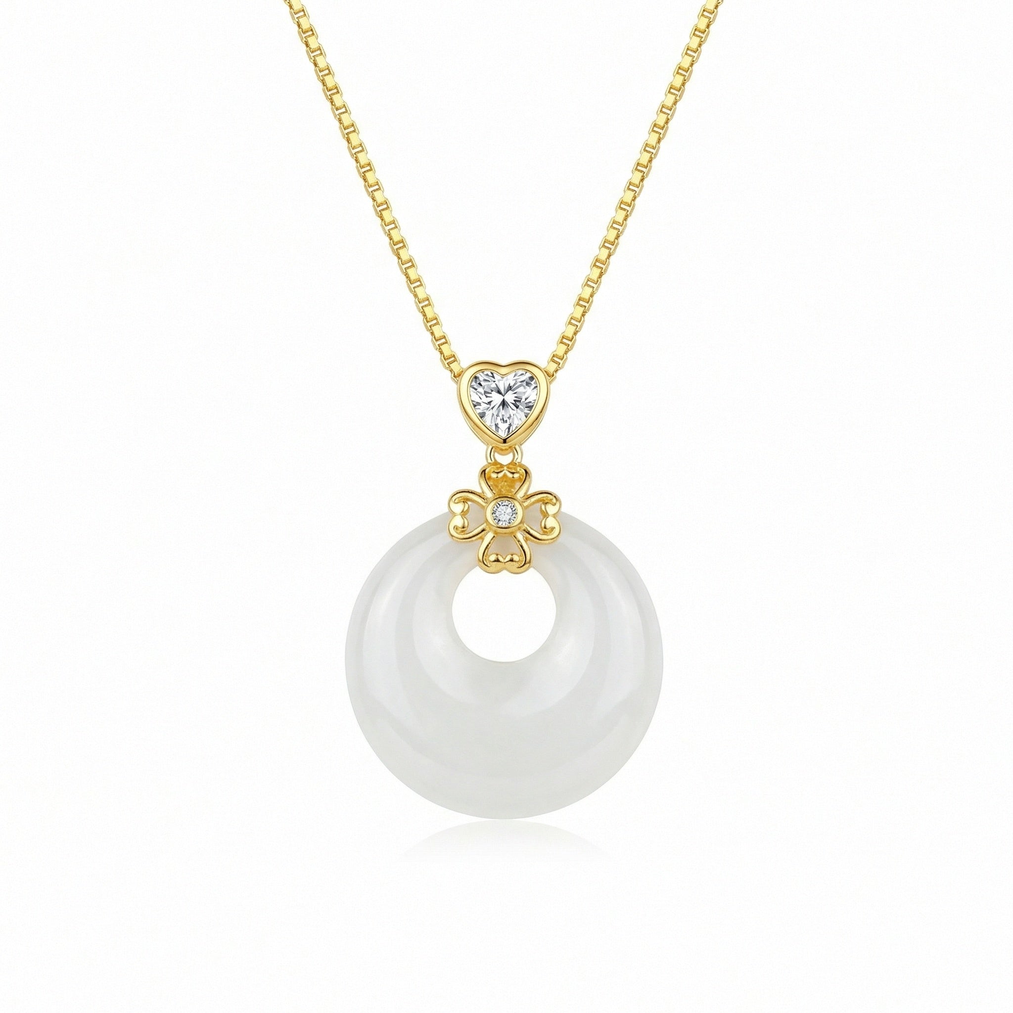 Elegant Heart & Flower Jade Donut Necklace