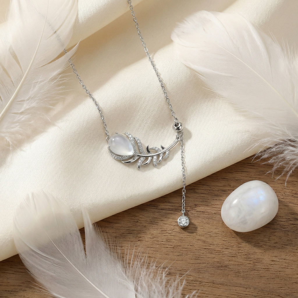 Silver Feather Necklace with Moonstone
