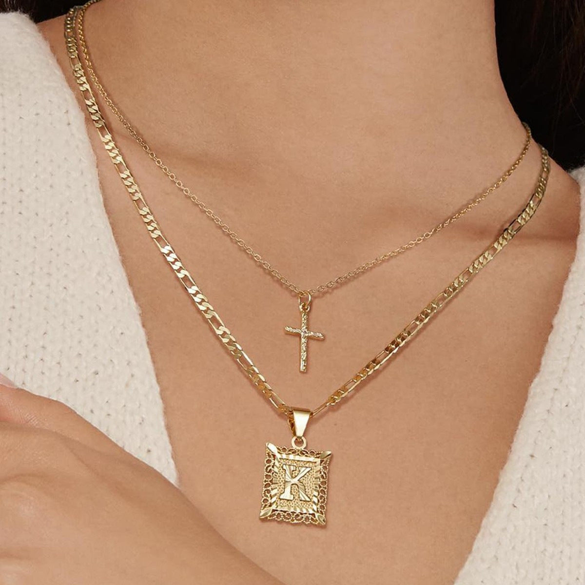 Layered Letter & Cross Necklace Set