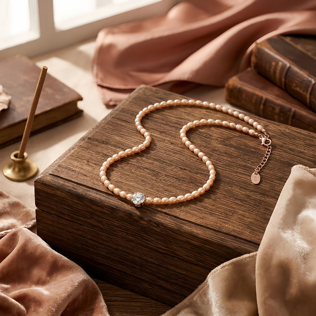 Rose-Tone Pearl Choker with Solitaire Pendant