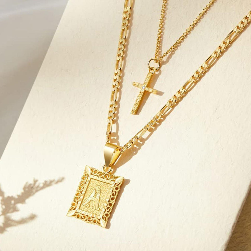 Layered Letter & Cross Necklace Set