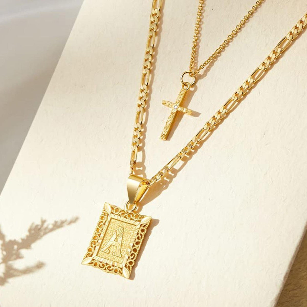 Layered Letter & Cross Necklace Set