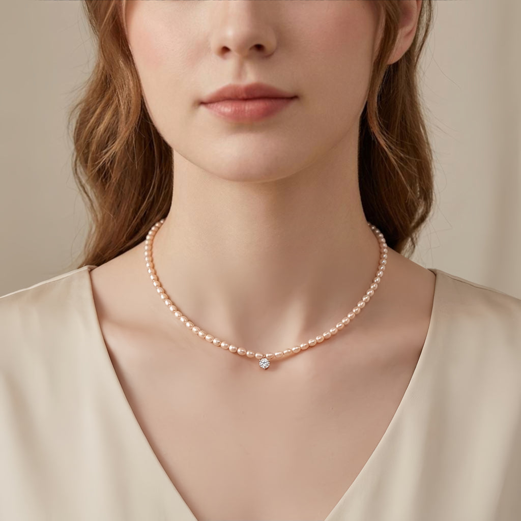 Rose-Tone Pearl Choker with Solitaire Pendant