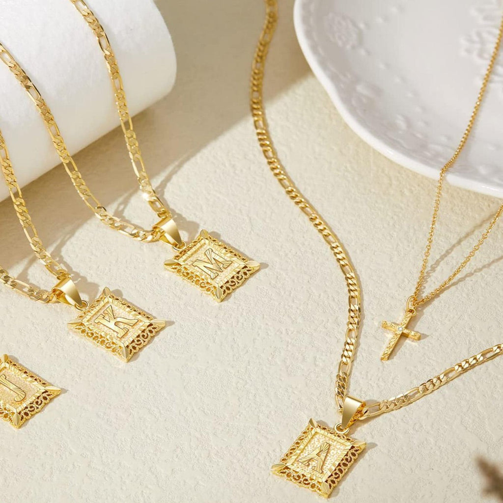 Layered Letter & Cross Necklace Set