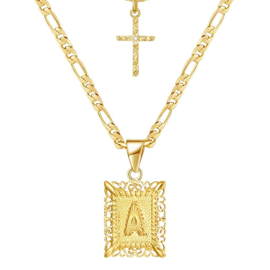 Layered Letter & Cross Necklace Set