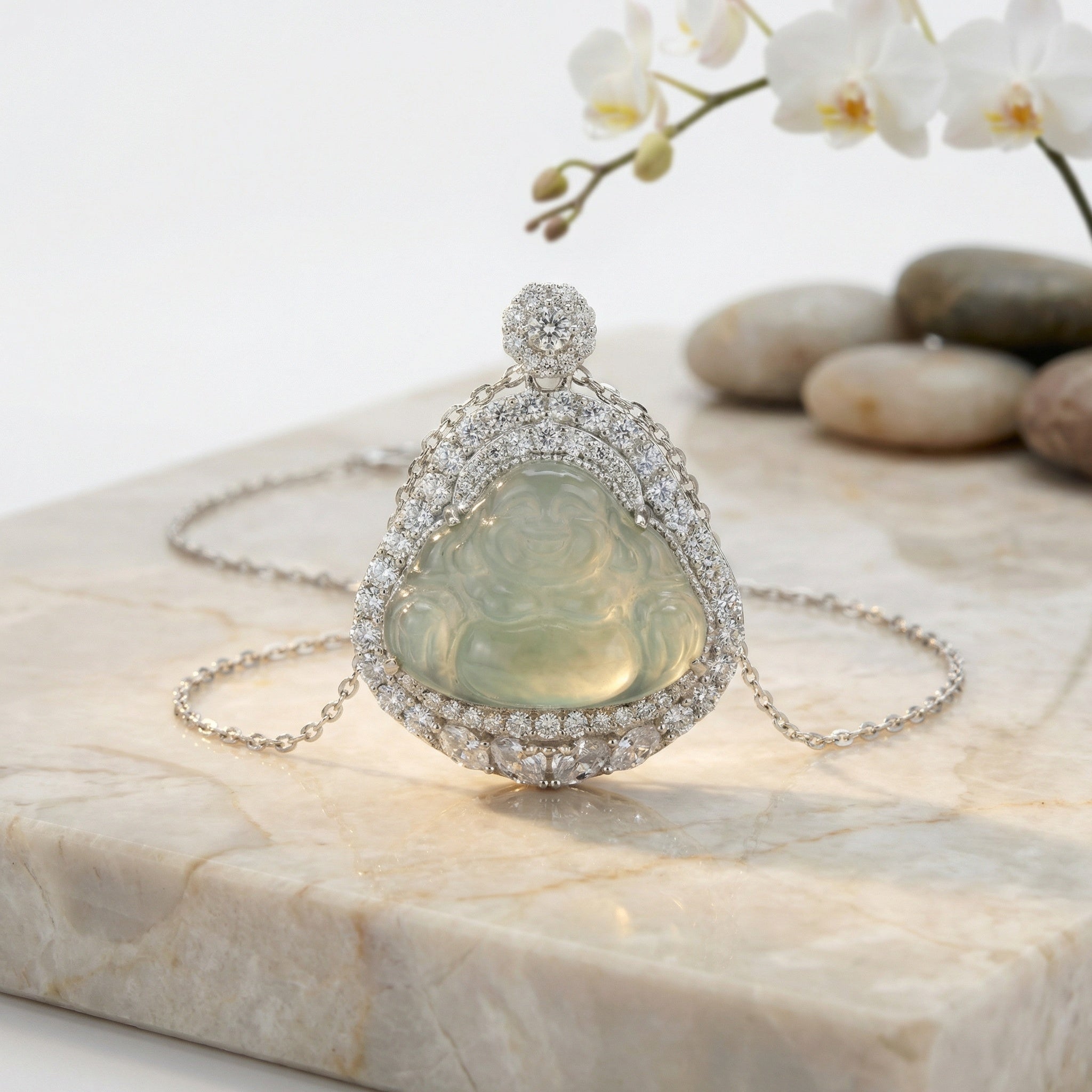 Jadeite Laughing Buddha Necklace with CZ Accents