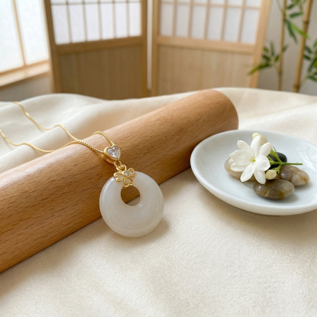 Elegant Heart & Flower Jade Donut Necklace