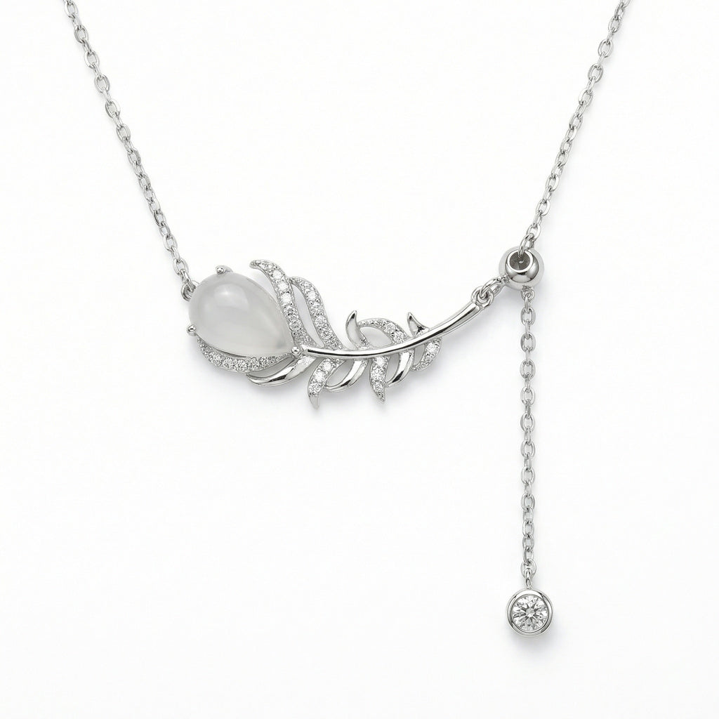 Silver Feather Necklace with Moonstone