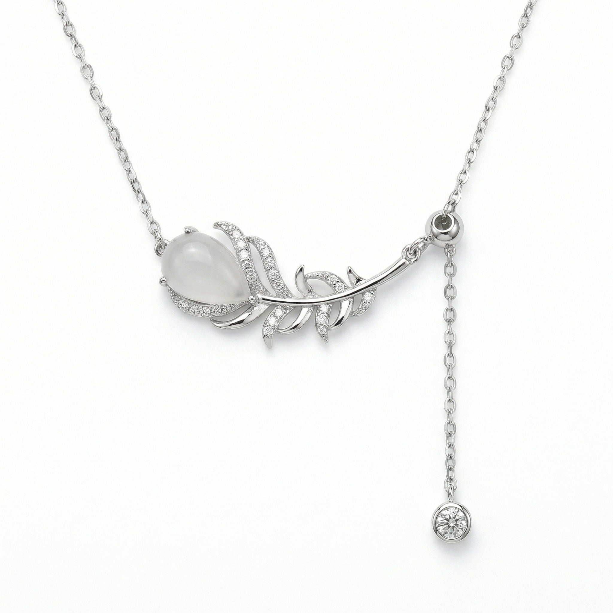 Silver Feather Necklace with Moonstone