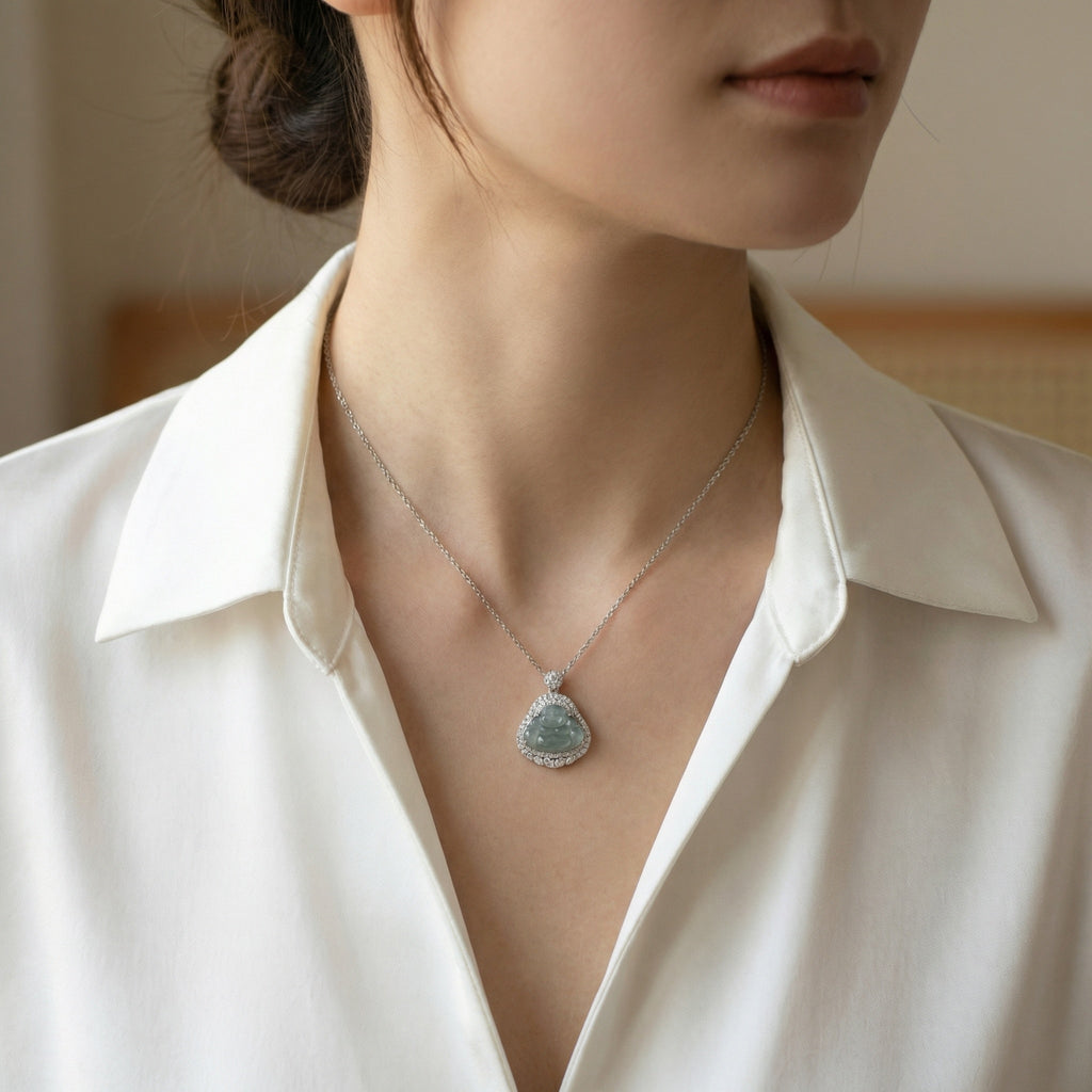 Jadeite Laughing Buddha Necklace with CZ Accents