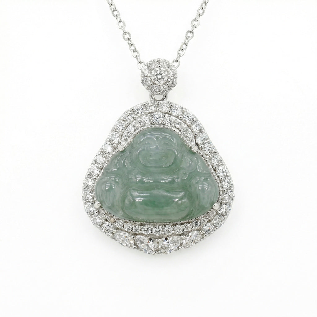 Jadeite Laughing Buddha Necklace with CZ Accents