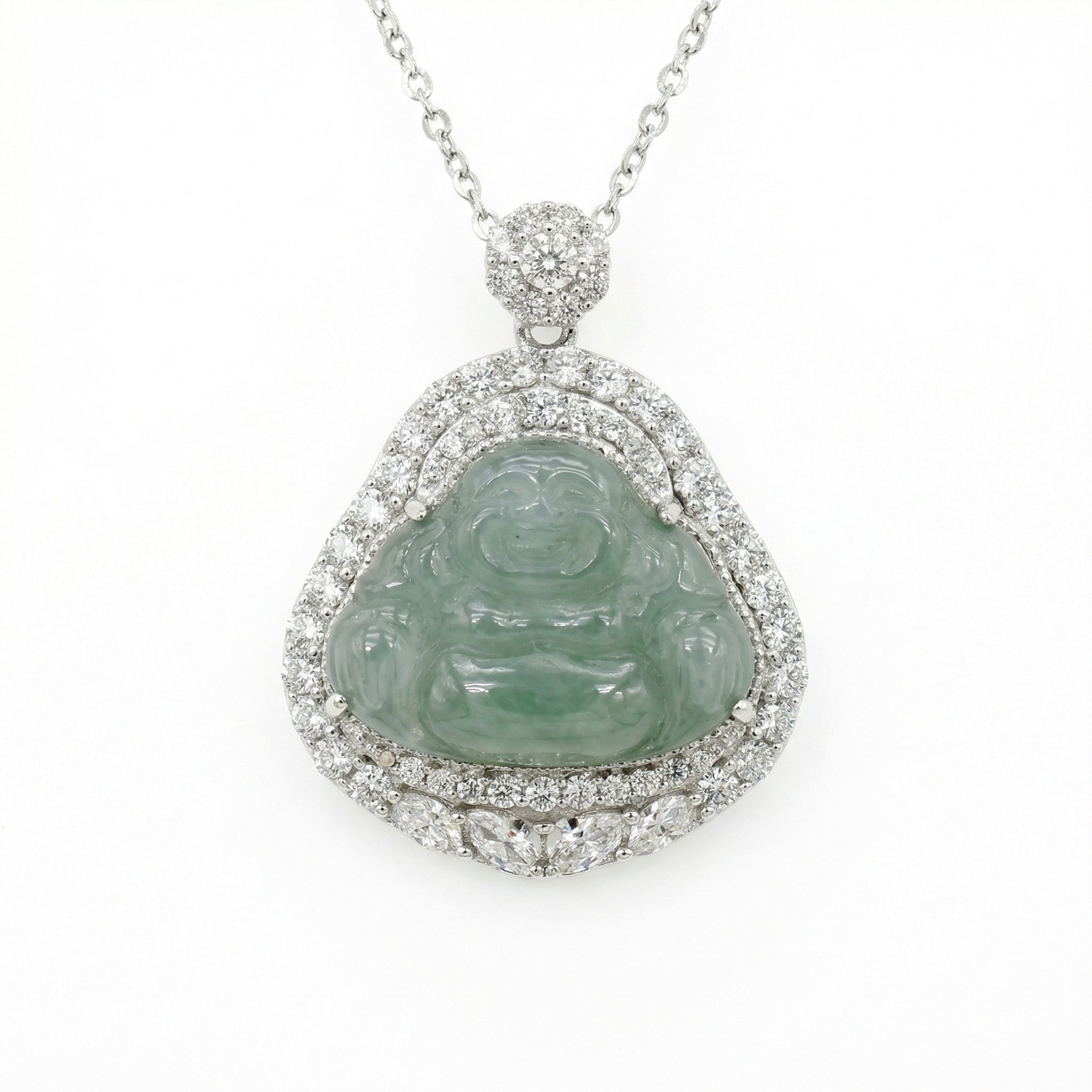 Jadeite Laughing Buddha Necklace with CZ Accents